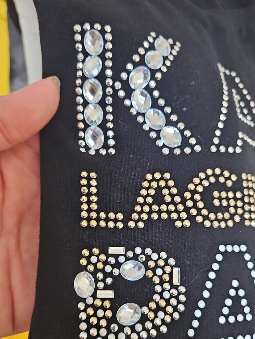 Karl Lagerfeld Black Short Sleeve Tee with Rhinestone and Gold Logo Detail - Picture 5 of 5